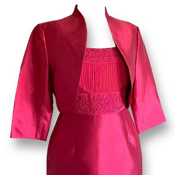 Talbots Womens Dress Set Sz 6 Red Silk Beaded Embroidered Sheath Bolero Jacket - Picture 4 of 14